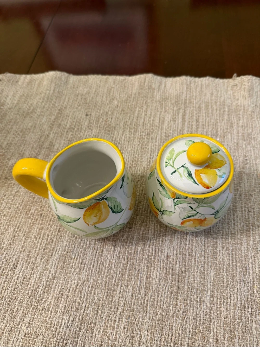 Lemon Pattern Ceramic Cream and Covered Sugar Set